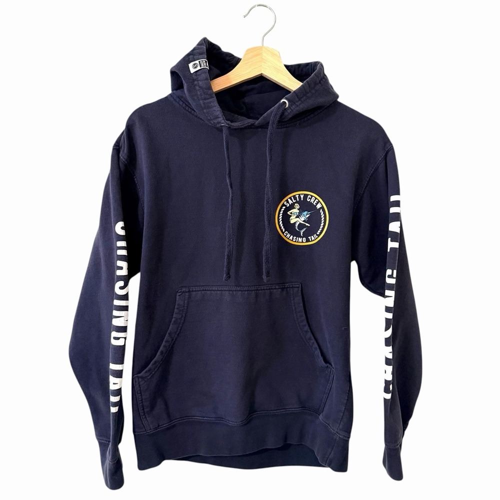 Salty Crew Hoodie Mens Navy Chasing Tail Graphic Surf Fishing Pullover Small